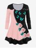 Plus Size Colorblock Rose Butterfly Print Tee -  