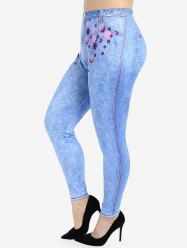 Plus Size 3D Jeans Floral Printed Skinny Leggings -  
