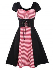 Colorblock Striped Print Ruched Lace Up High Waist A Line Mini Dress -  