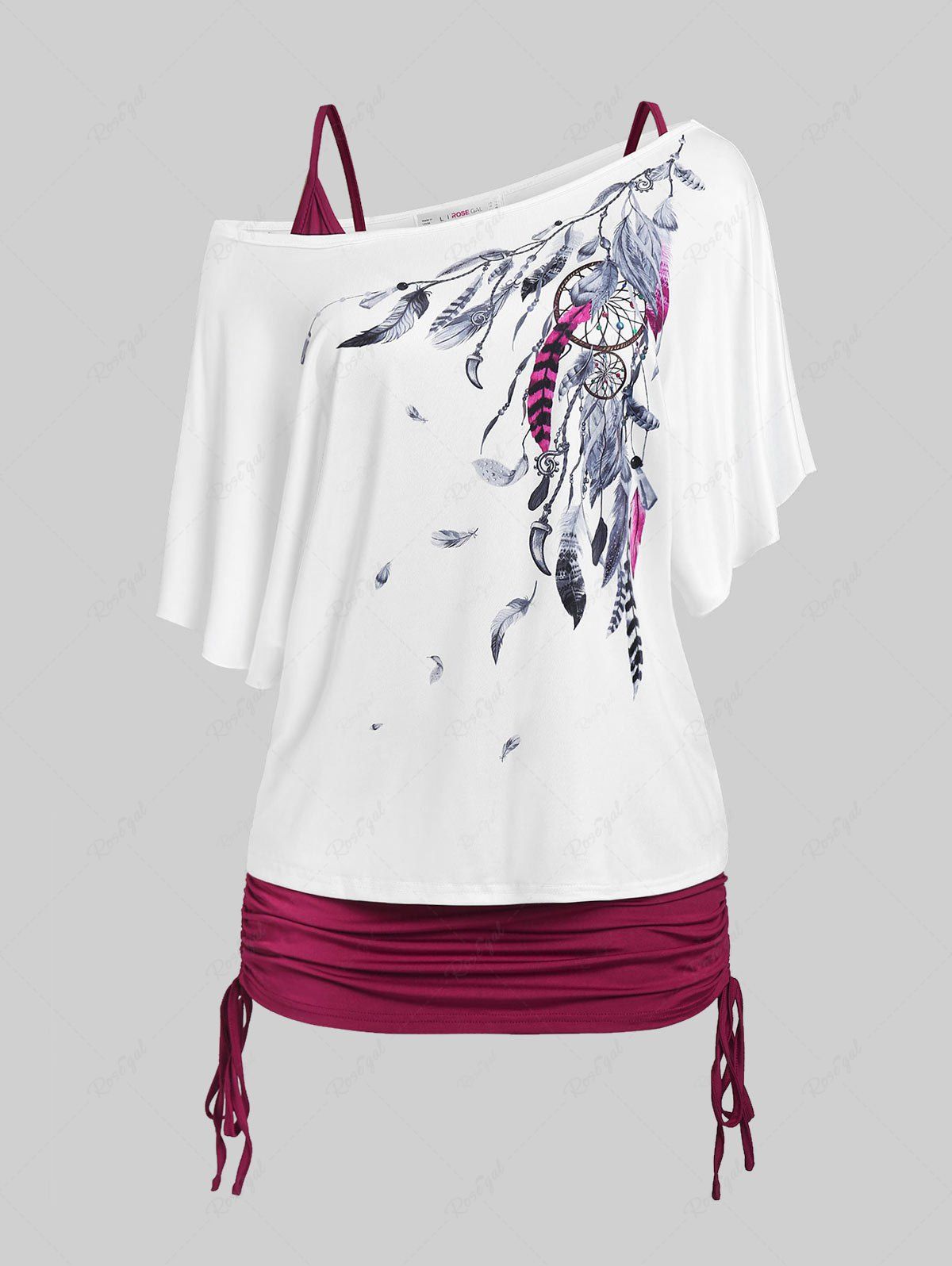 Discount Plus Size & Curve Batwing Sleeve Dreamcatcher Print Skew Neck Tee and Cinched Tank Top Set  