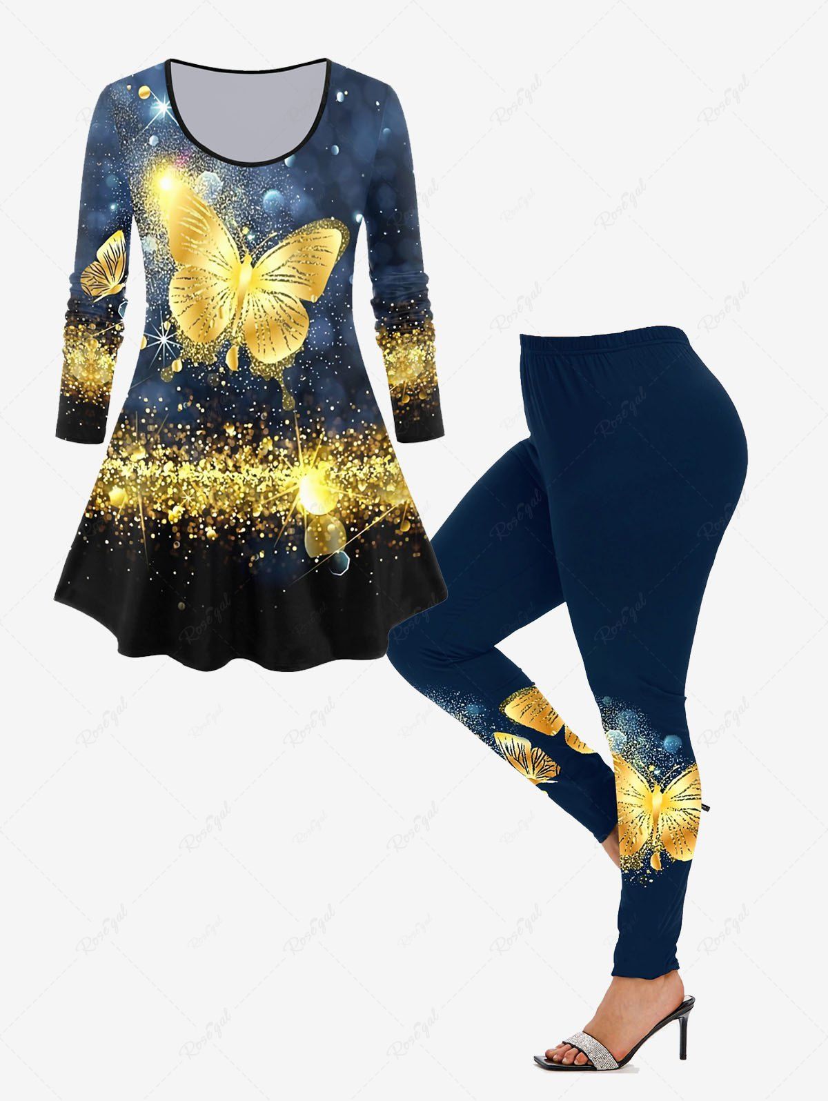 Cheap Long Sleeve Glitter Butterfly Print T-shirt and High Waist Leggings Plus Size Outfit  