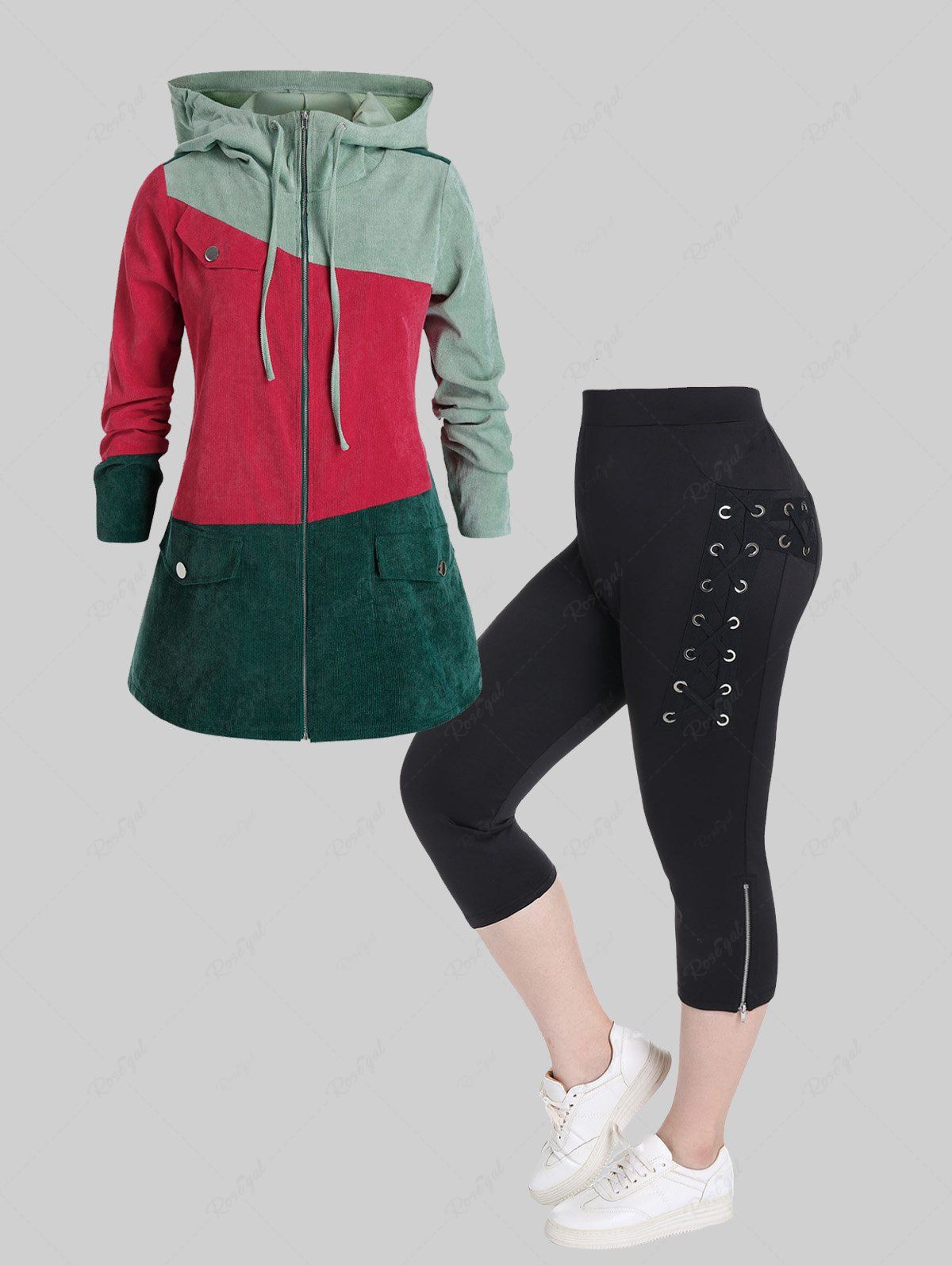 New Colorblock Corduroy Hooded Zip Up Jacket and High Waist Grommets Lace Up Zippered Capri Pants Plus Size Outfit  