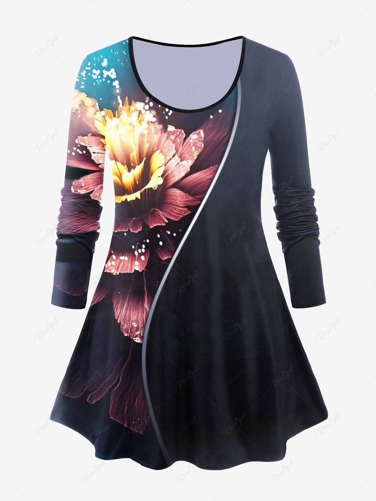 Plus Size Long Sleeve Flower Print T-shirt [31% OFF] | Rosegal