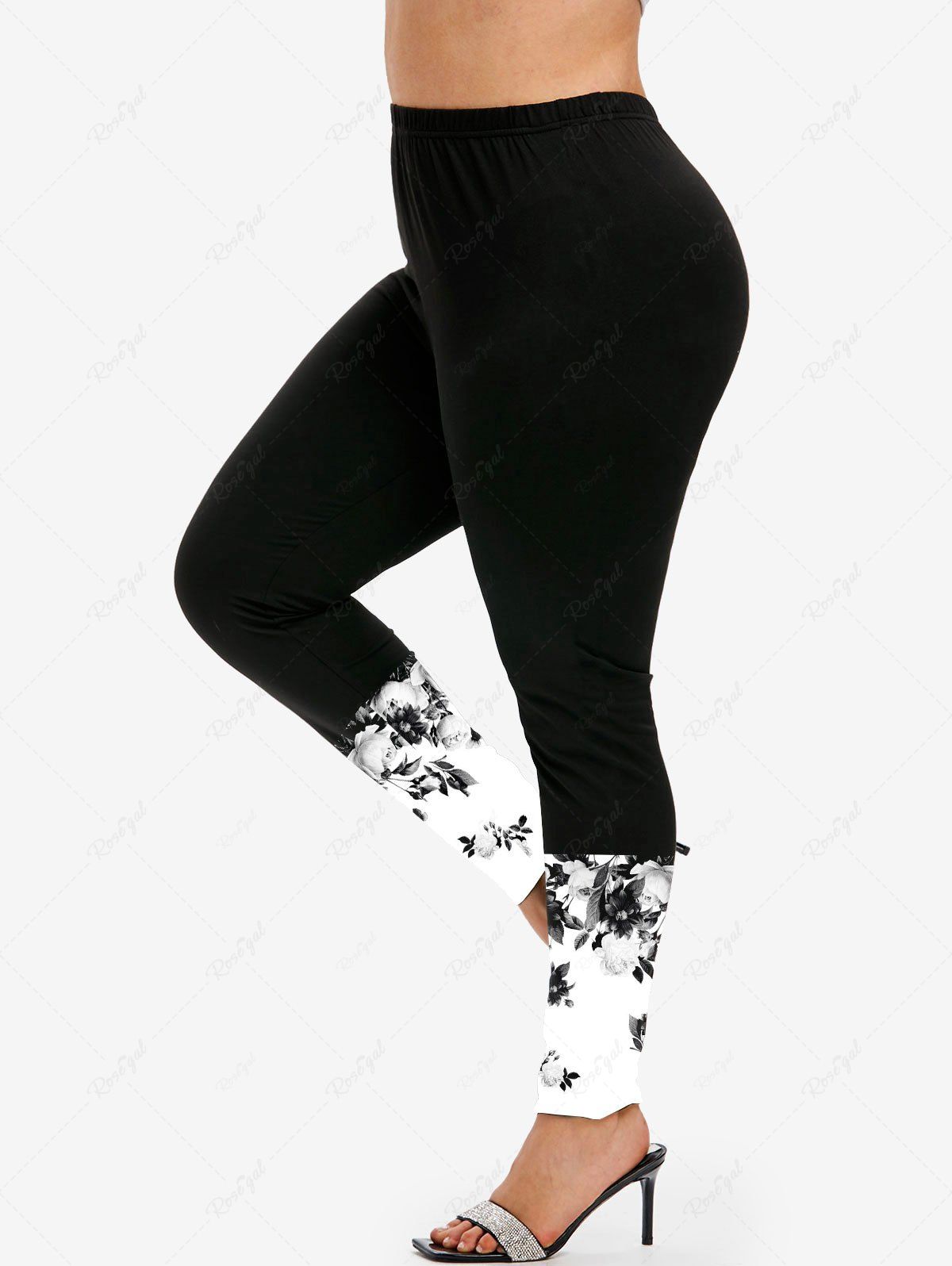 Legging Moulant Bicolore à Imprimé Fleur de Grande Taille Noir 3x | US 22-24