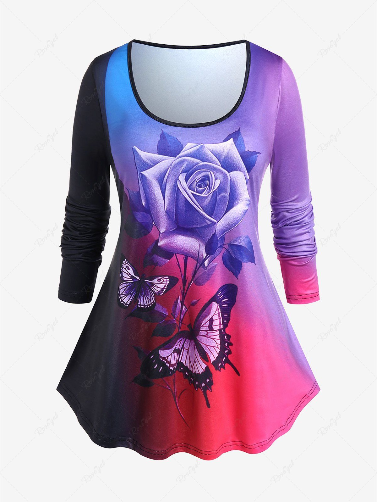 Online Plus Size Ombre Color Rose Butterfly Print Tee  