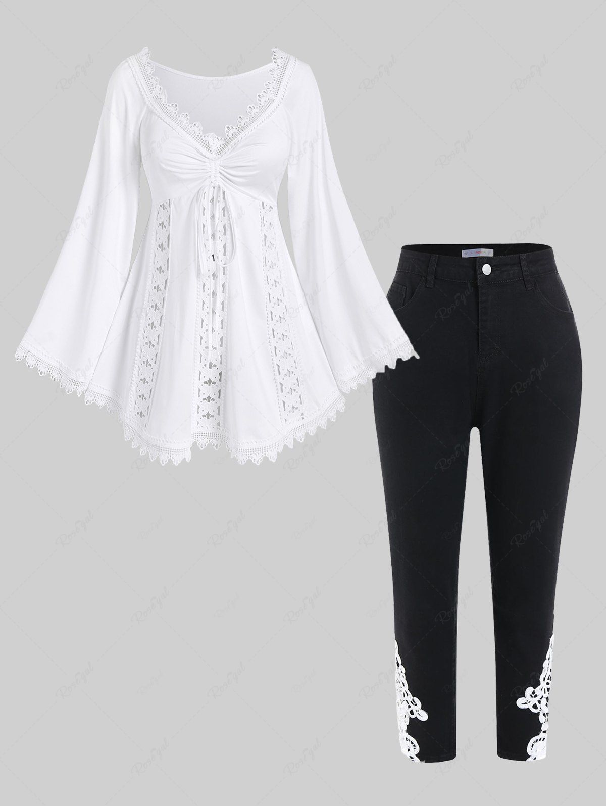 Unique Plus Size Lace Trim Hollow Out Cinched Flare Sleeves Tee and High Rise Jeans Outfit  