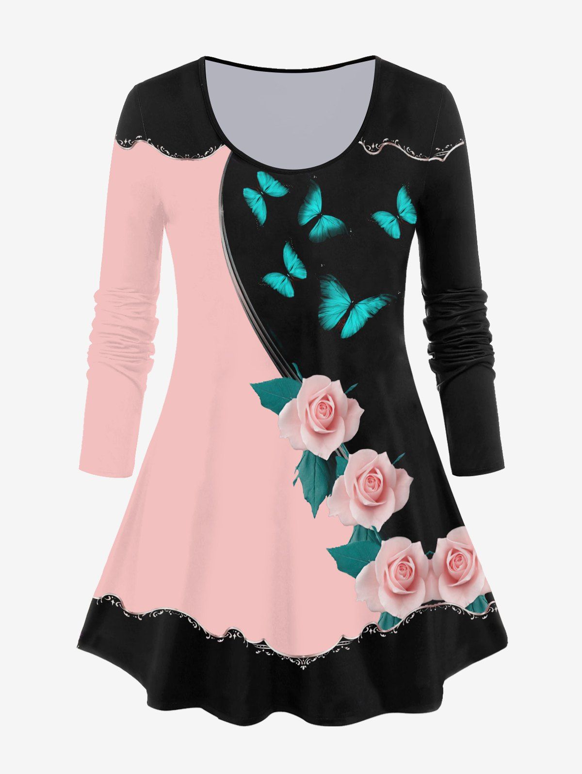 New Plus Size Colorblock Rose Butterfly Print Tee  