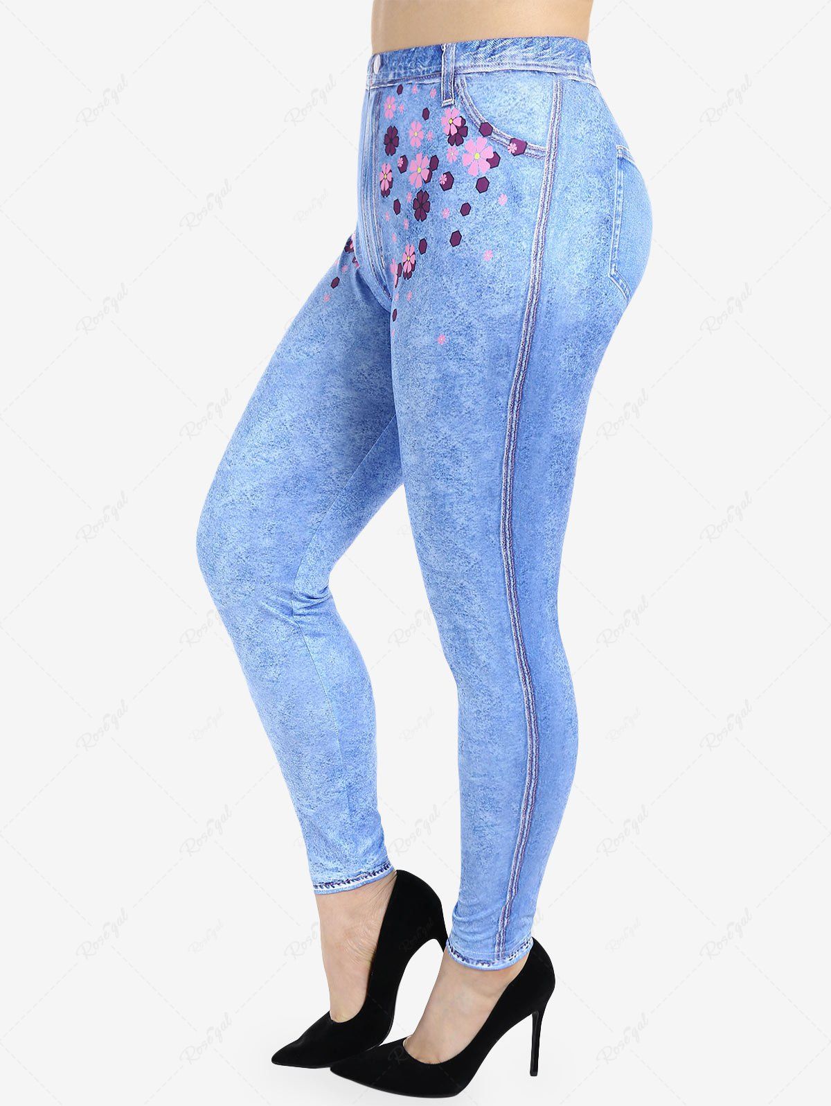 Cheap Plus Size 3D Jeans Floral Printed Skinny Leggings  