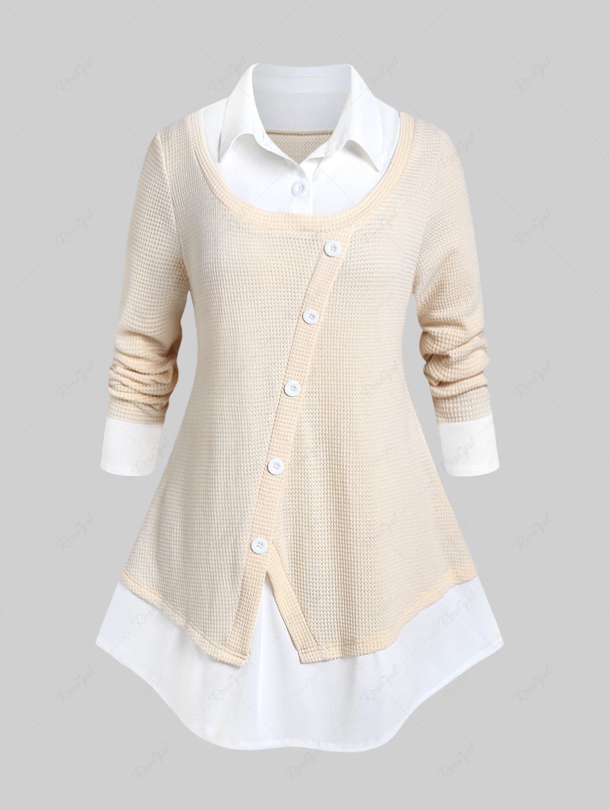 Trendy Plus Size Shirt Collar Two Tone Long Sleeves 2 in 1 Sweater  