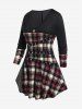 Plus Size V Neck Plaid Grommets T-shirt -  