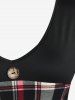 Plus Size V Neck Plaid Grommets T-shirt -  