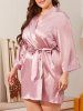 Plus Size Solid Belted Pajama Satin Wrap Robe -  