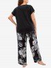 Plus Size V Neck Flower Printed Pants Pajamas Set -  