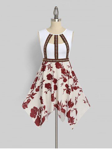 Plus Size Handkerchief Cutout Floral Print Dress - WHITE - 3X