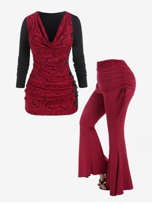 Cowl Neck Contrast Lace Ruched Tee and Cinched Foldover Bell Bottom Pants Plus Size Outfit