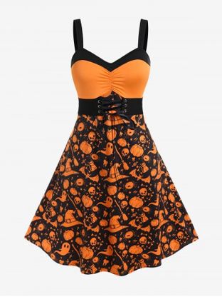 Halloween Lace-up Ruched Pumpkins Ghost Printed A Line Sleeveless Dress