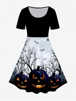 Halloween 3D Pumpkins Bats Spider Printed Vintage A Line Dress - BLACK - 1X | US 14-16
