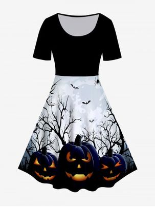 Halloween 3D Pumpkins Bats Spider Printed Vintage A Line Dress
