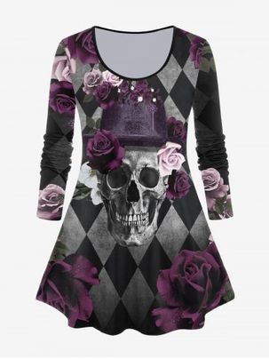 Gothic Rose Argyle Skull Print T-shirt