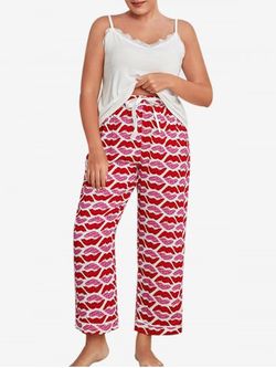 Plus Size Lace Panel Lips Printed Pants Pajamas Set - RED - 4XL