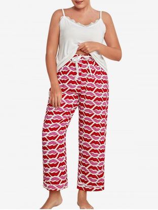 Plus Size Lace Panel Lips Printed Pants Pajamas Set