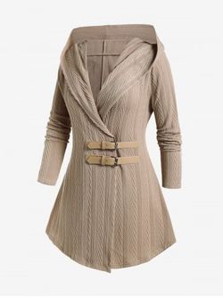 Plus Size Hooded Buckled Cable Knit Cardigan - LIGHT COFFEE - 4X | US 26-28