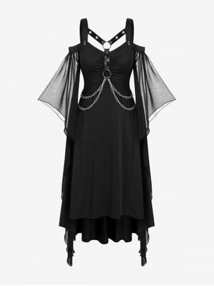Gothic Cold Shoulder Harness Chains Butterfly Sleeve High Low Dress