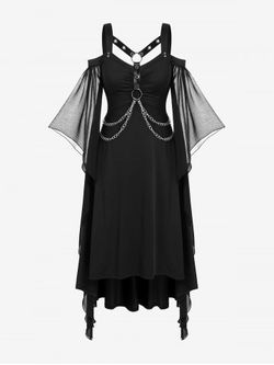 Gothic Cold Shoulder Harness Chains Butterfly Sleeve High Low Dress - BLACK - 1X | US 14-16