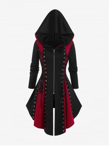 Hooded Lace Up Grommets Colorblock Gothic Coat - BLACK - 4X | US 26-28