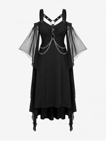 Gothic Cold Shoulder Harness Chains Butterfly Sleeve High Low Dress - BLACK - L | US 12