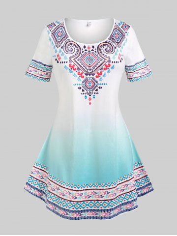 Camiseta de Talla Extra de Color Degradado con Estampado Étnico - WHITE - 5X