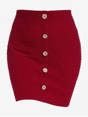 Plus Size Mock Button Smocked Mini Bodycon Skirt - DEEP RED - 5X | US 30-32