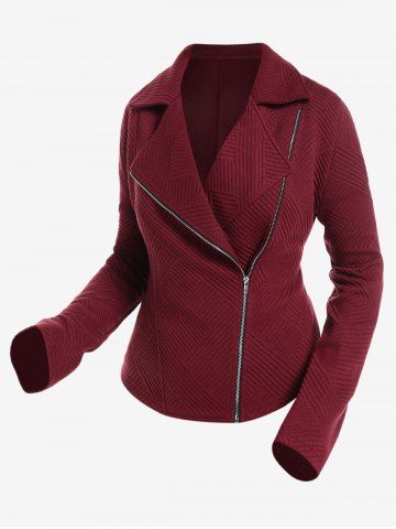 Plus Size Oblique Zipper Ribbed Jacket - DEEP RED - 1X | US 14-16