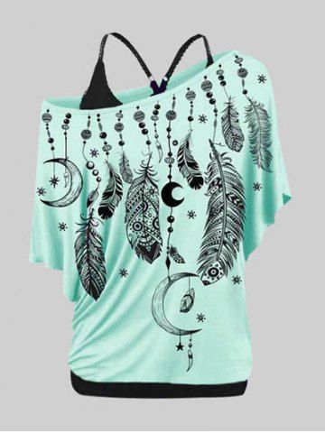 Skew Neck Feather Print T-shirt and Tank Top Plus Size & Curve Set - LIGHT GREEN - 1X | US 14-16