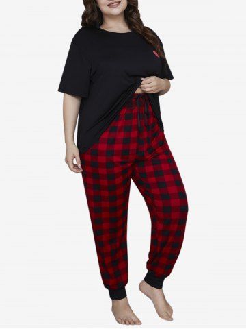 Plus Size Drop Shoulder Heart Tee and Plaid Pants Pajamas Set - BLACK - 3XL