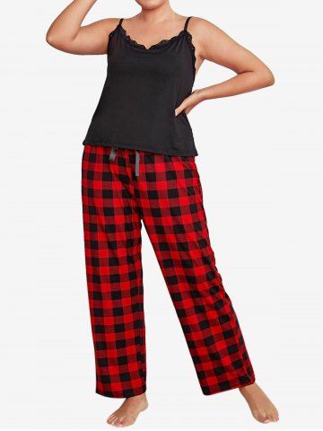 Plus Size Lace Trim Backless Plaid Pants Pajamas Set - BLACK - 4XL