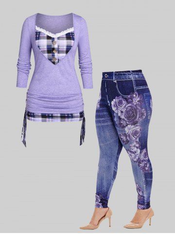 Cinched Plaid 2 in 1 T-shirt and High Rise Floral Gym 3D Jeggings Plus Size Outfit - LIGHT PURPLE