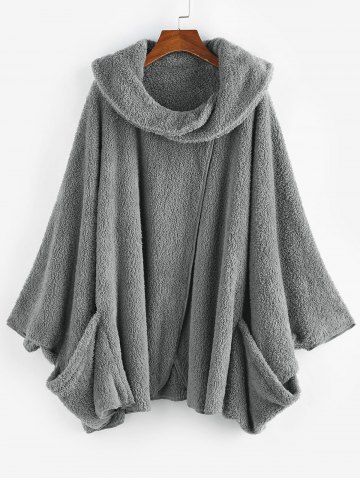 Plus Size Batwing Sleeve Pockets Asymmetric Fleece Poncho - LIGHT GRAY - 1X | US 14-16