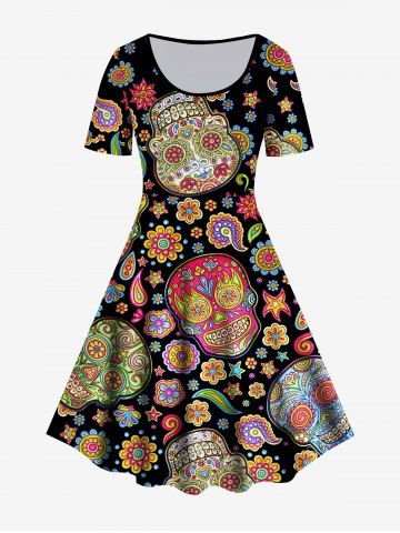 Plus Size Tribal Paisley Skull Print A Line Dress - BLACK - 5X | US 30-32