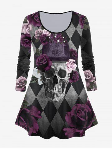 Gothic Rose Argyle Skull Print T-shirt - BLACK - 5X | US 30-32