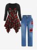 Plus Size Twist Plaid Handkerchief Tunic Tee and Distressed Straight Jeans Outfit -  