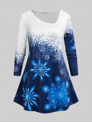 T-shirt de Noël à Imprimé Flocon de Neige de Grande Taille à Col Oblique - Bleu profond 5X