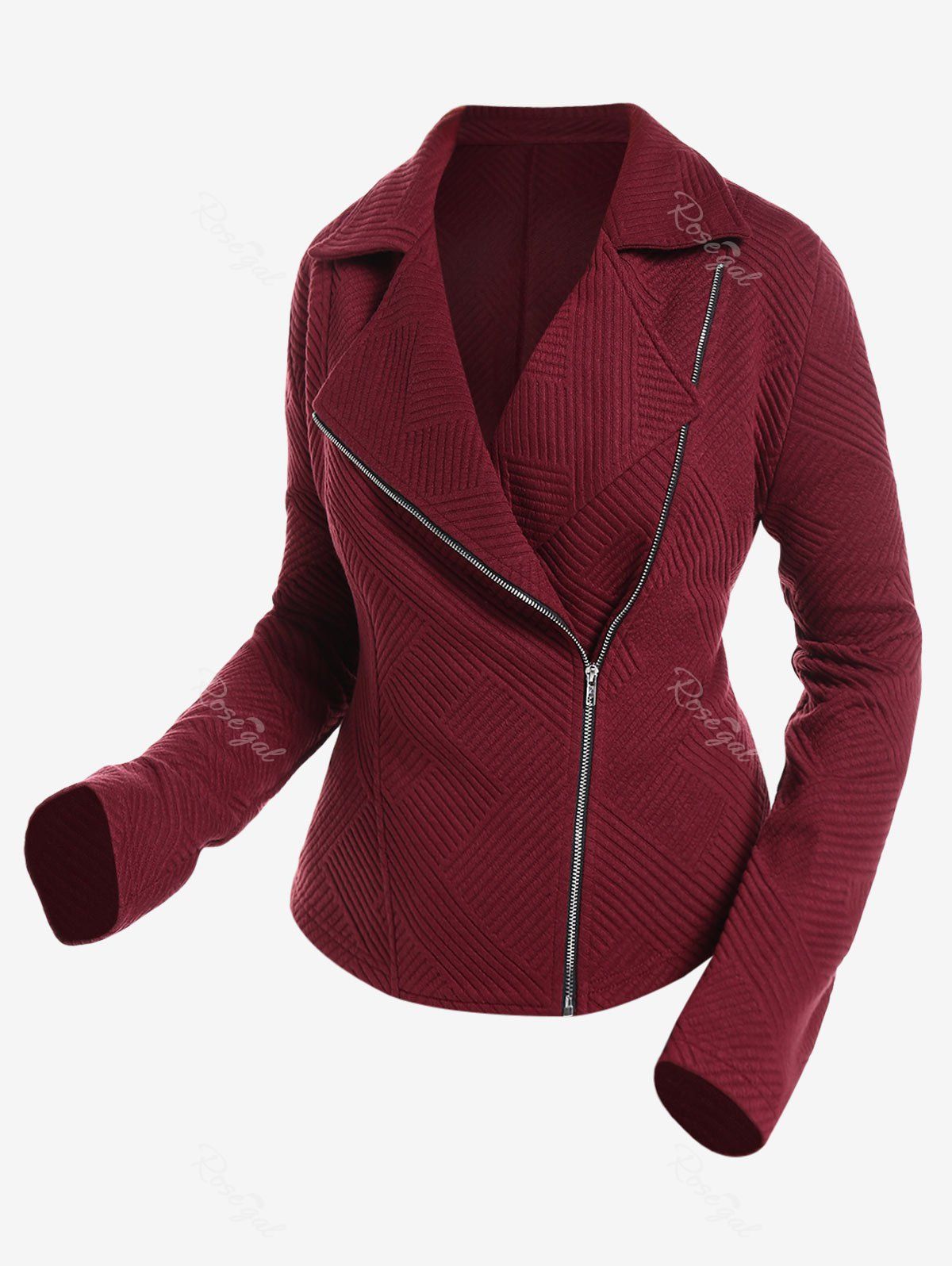 Veste avec Fermeture Éclair Oblique Style Déchiré Grande-Taille Rouge foncé 4x | US 26-28