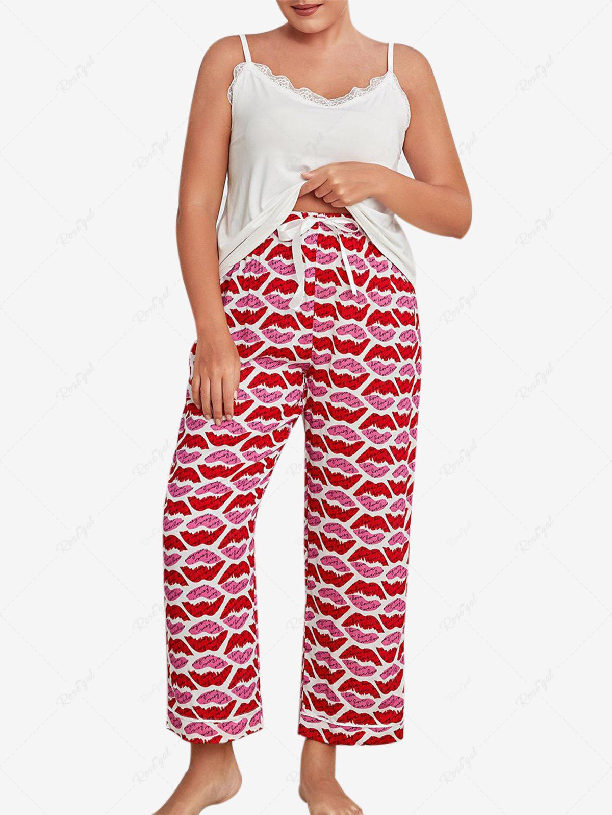 Cheap Plus Size Lace Panel Lips Printed Pants Pajamas Set  
