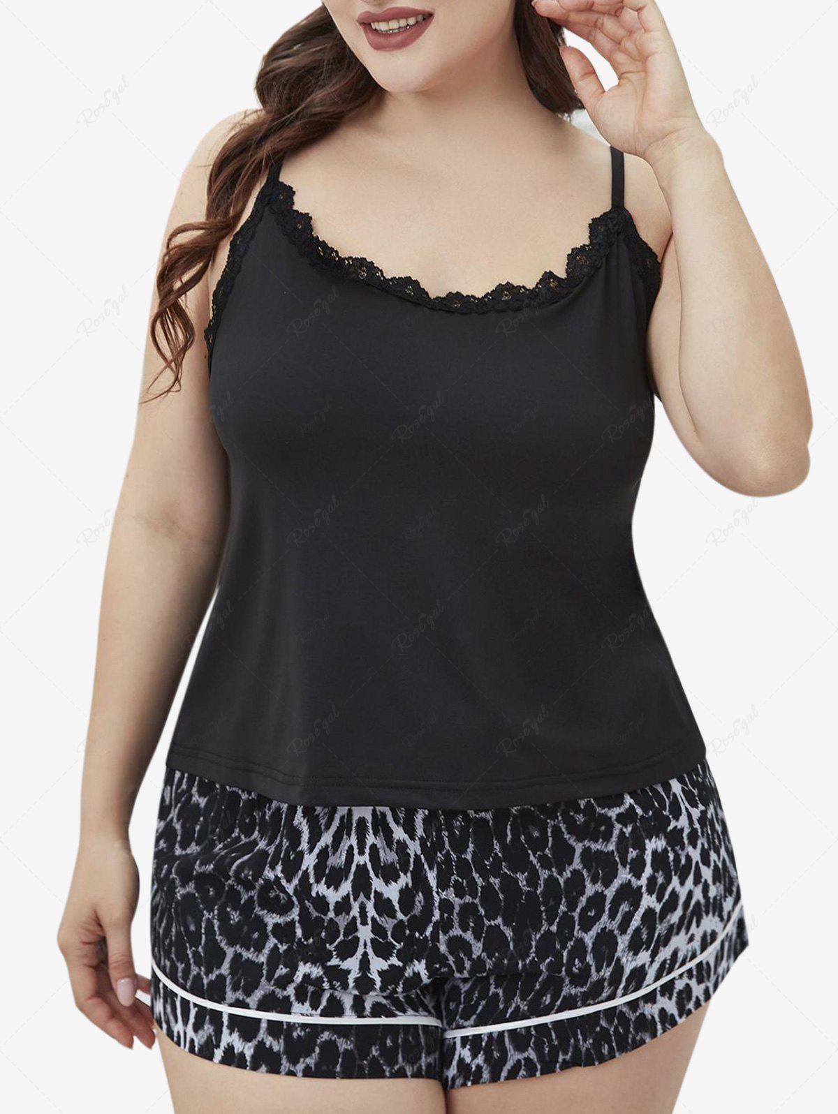 Fashion Plus Size Lace Panel Open Back Leopard Print Shorts Pajamas Sets  