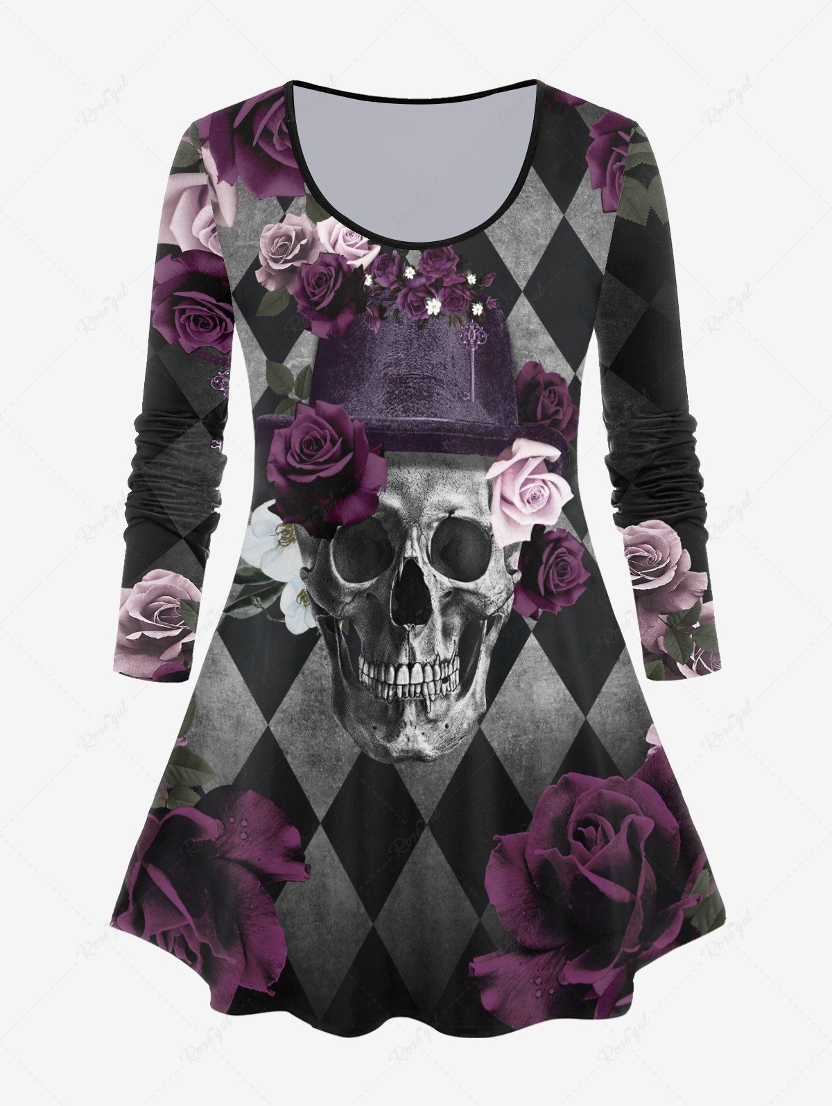 Online Gothic Rose Argyle Skull Print T-shirt  