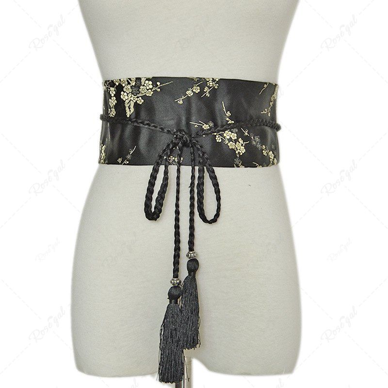 Shop Tassel Braided Embroidered Wide Waist Belt  