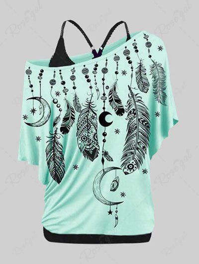 Outfits Skew Neck Feather Print T-shirt and Tank Top Plus Size & Curve Set  