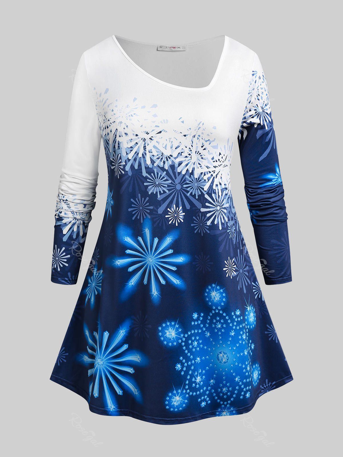 T-shirt de Noël à Imprimé Flocon de Neige de Grande Taille à Col Oblique Bleu profond 5X