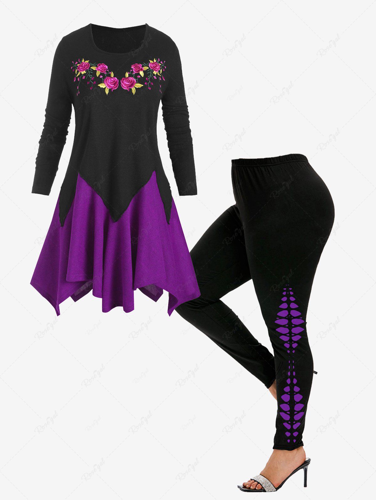 Shop Floral Embroidered Two Tone Handkerchief Knitwear and Skeleton Printed Leggings Plus Size Outfit  